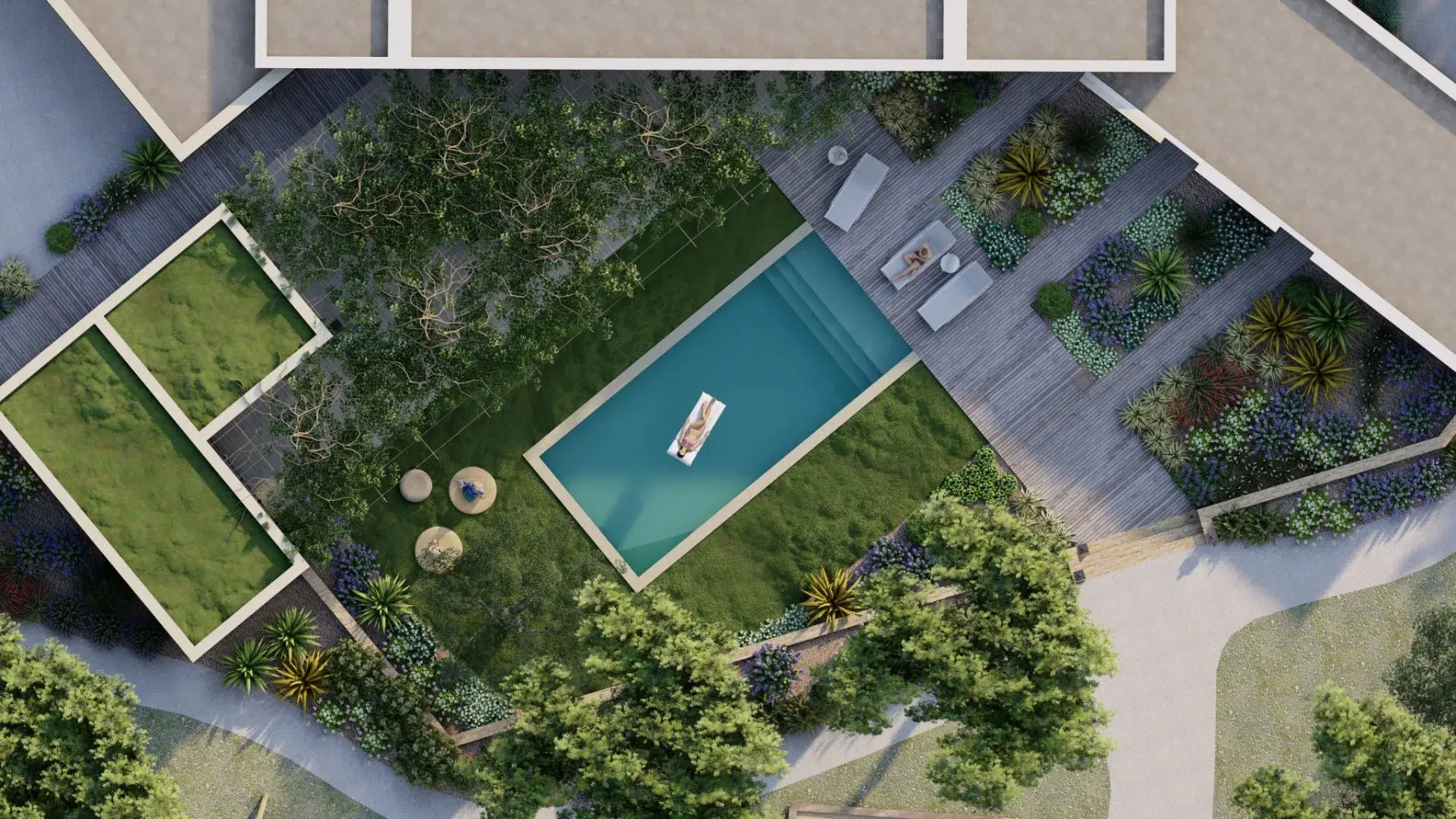 Vue aérienne d'un jardin paysager avec piscine autour d'une maison