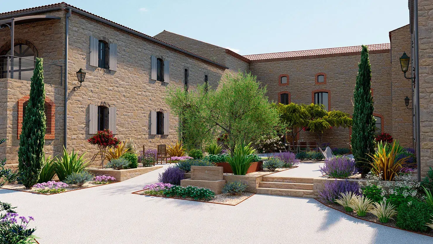 Rendu 3D réaliste d'un jardin avec piscine et terrasse